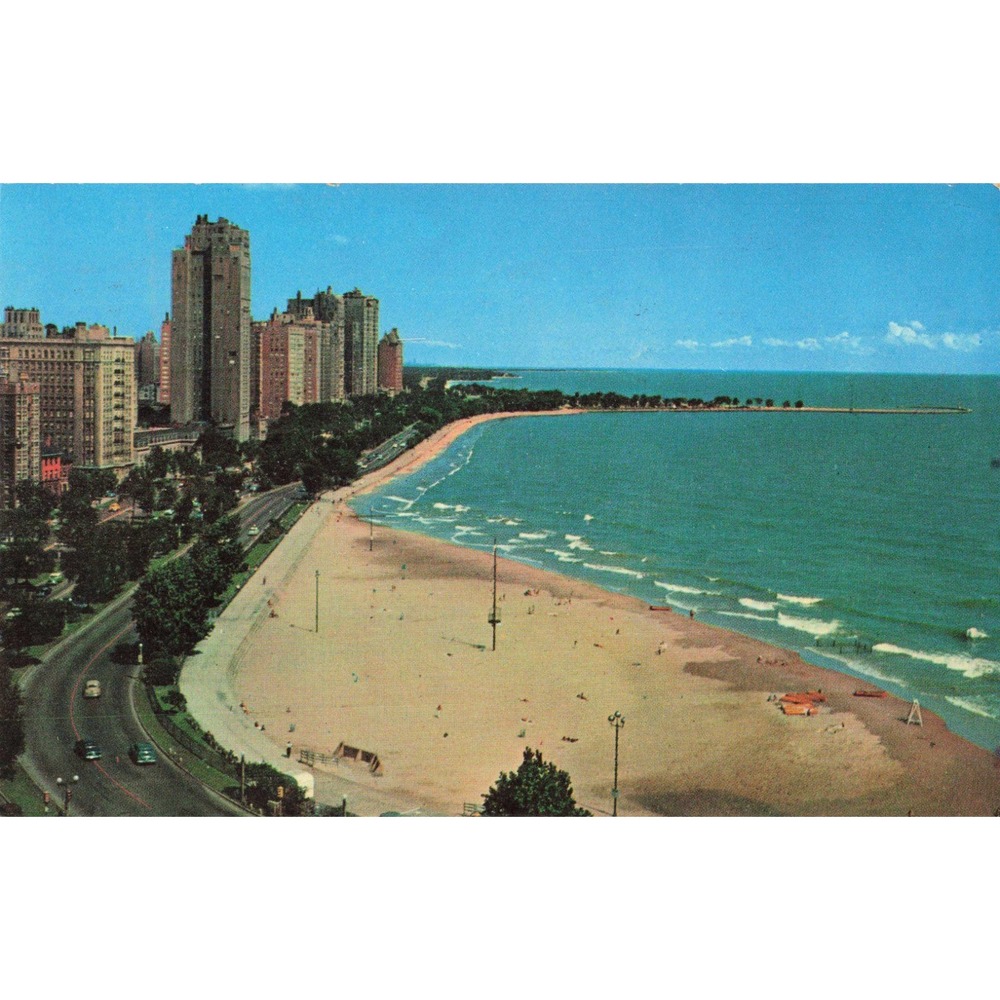 Vintage 1961 Chicago Gold Coast Lake Michigan Beach Chrome Postcard P9141 - Picture 1 of 2